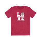 LOVE Bark-A-Bout Varsity (Front)__Oval Logo (Back)  ||  Bella + Canvas 3001 Unisex Jersey Short Sleeve Tee