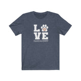 LOVE Bark-A-Bout Varsity (Front)__Oval Logo (Back)  ||  Bella + Canvas 3001 Unisex Jersey Short Sleeve Tee