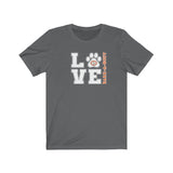 LOVE Bark-A-Bout Varsity (Front)__Oval Logo (Back)  ||  Bella + Canvas 3001 Unisex Jersey Short Sleeve Tee