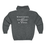 BAB Logo (Front)___Weekends, Coffee and Dogs (Back) || Unisex Heavy Blend™ Full Zip-Up Hoodie