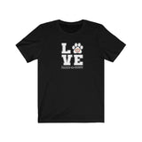 LOVE Bark-A-Bout Varsity (Front)__Bark-A-Bout Outline (Back) || Bella + Canvas 3001 Unisex Jersey Short Sleeve Tee