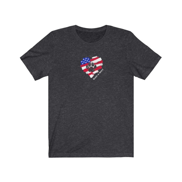 American Flag Paw Print (Front)__Heart Logo (Back)  ||  Bella + Canvas 3001 Unisex Jersey Short Sleeve Tee