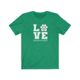 LOVE Bark-A-Bout Varsity (Front)__Oval Logo (Back)  ||  Bella + Canvas 3001 Unisex Jersey Short Sleeve Tee
