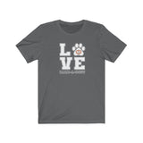 LOVE Bark-A-Bout Varsity (Front)__Oval Logo (Back)  ||  Bella + Canvas 3001 Unisex Jersey Short Sleeve Tee