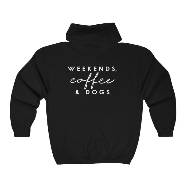 BAB Logo (Front)___Weekends, Coffee and Dogs (Back) || Unisex Heavy Blend™ Full Zip-Up Hoodie