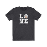 LOVE Bark-A-Bout Varsity (Front)__Oval Logo (Back)  ||  Bella + Canvas 3001 Unisex Jersey Short Sleeve Tee