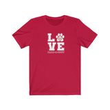 LOVE Bark-A-Bout Varsity (Front)__Bark-A-Bout Outline (Back) || Bella + Canvas 3001 Unisex Jersey Short Sleeve Tee