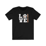 LOVE Bark-A-Bout Varsity (Front)__Oval Logo (Back)  ||  Bella + Canvas 3001 Unisex Jersey Short Sleeve Tee