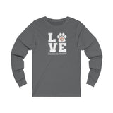 LOVE Bark-A-Bout Varsity (Front)__Oval Logo (Back)  ||  Unisex Jersey Long Sleeve Tee