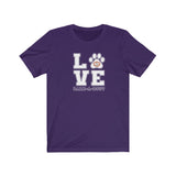 LOVE Bark-A-Bout Varsity (Front)__Oval Logo (Back)  ||  Bella + Canvas 3001 Unisex Jersey Short Sleeve Tee