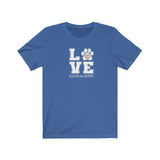 LOVE Bark-A-Bout Varsity (Front)__Bark-A-Bout Outline (Back) || Bella + Canvas 3001 Unisex Jersey Short Sleeve Tee