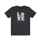 LOVE Bark-A-Bout Varsity (Front)__Oval Logo (Back)  ||  Bella + Canvas 3001 Unisex Jersey Short Sleeve Tee