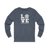LOVE Bark-A-Bout Varsity (Front)__Oval Logo (Back)  ||  Unisex Jersey Long Sleeve Tee