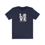 LOVE Bark-A-Bout Varsity (Front)__Bark-A-Bout Outline (Back) || Bella + Canvas 3001 Unisex Jersey Short Sleeve Tee