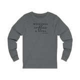 Weekends, Coffee and Dogs (Front)___Oval Logo (Back)  ||  Unisex Jersey Long Sleeve Tee