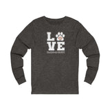 LOVE Bark-A-Bout Varsity (Front)__Oval Logo (Back)  ||  Unisex Jersey Long Sleeve Tee